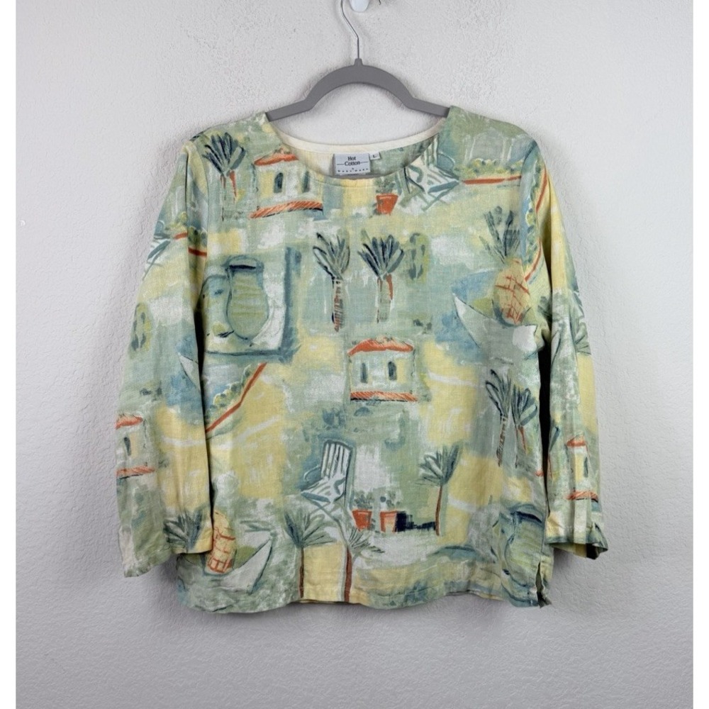 Hot Cotton Marc Ware Linen Blend Art Print Top Sz L Coastal Resort Novelty USA